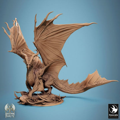 Legendary bronze dragon standing on a base, wings spread wide, with detailed scales and horns on its head.