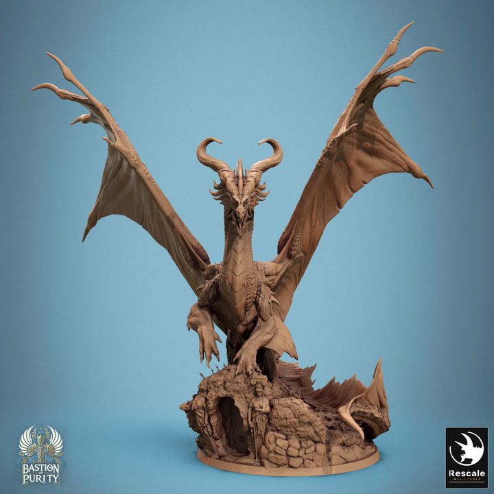 Front view of the Legendary Metallic Bronze Dragon Door version, perched atop a rocky structure with an imposing stance.