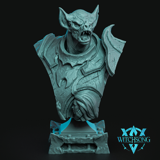Bust of Beledrin’s Anguish, snarling vampire lord in gothic armor with sculpted base – fantasy bust for Dungeons & Dragons and Pathfinder