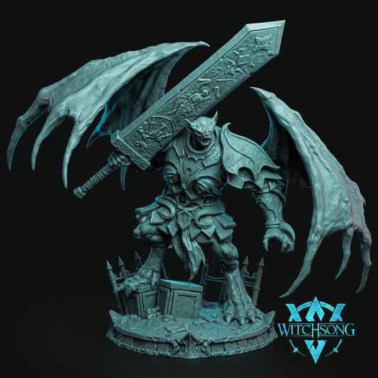Full miniature of Beledrin’s Anguish, winged vampire lord wielding oversized cursed sword, posed on detailed ruined base – fantasy TTRPG miniature