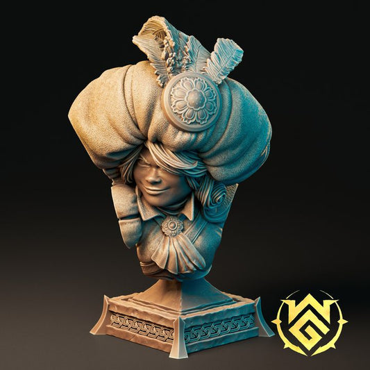 Bicci Shortstride bust, showing confident smirk, elaborate hat with feathers, and elegant attire, ideal for painting displays or fantasy TTRPG character showcases.