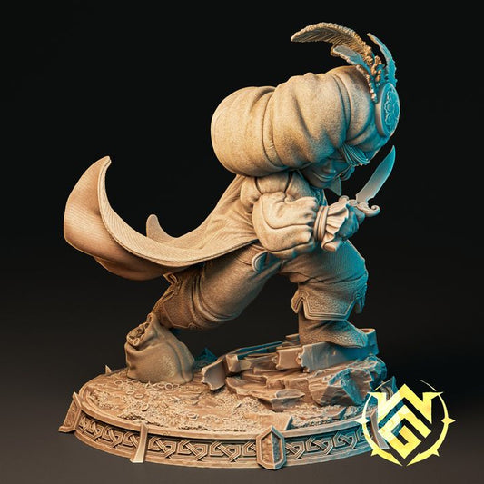 Bicci Shortstride full miniature, female halfling rogue in mid-sneak pose, holding dagger, detailed ornate base, perfect for Dungeons & Dragons or Pathfinder RPGs.
