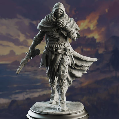 Warforged Gunslinger miniature named Big Iron, depicted in a dynamic pose with a firearm, adorned in a tattered cloak and intricate mechanical details.