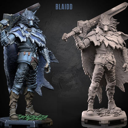 Painted and unpainted render of Blaidd Half-Wolf miniature with fur cloak, wolf head, armor, and massive greatsword, designed for tabletop RPGs.