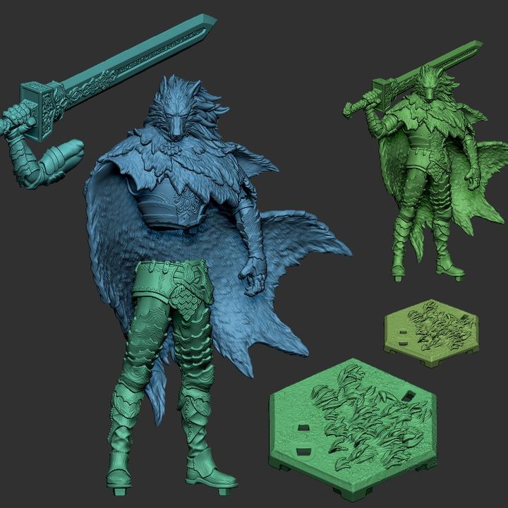 Blaidd Half-Wolf miniature parts breakdown showing body, head, cape, sword, and textured base components for assembly.