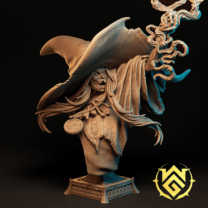 Blight Crone witch bust miniature featuring tattered robes, wide hat, and spectral smoke tendrils emerging from her hand.