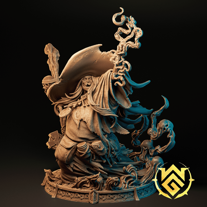 Full-figure Blight Crone witch miniature posed with staff and swirling spirits around a detailed ornate base.