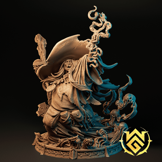Full-figure Blight Crone witch miniature posed with staff and swirling spirits around a detailed ornate base.