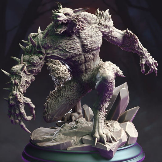 Front view of Bloodclaw, the werewolf abomination, crouching with its menacing claws extended, perfect for tabletop RPGs.