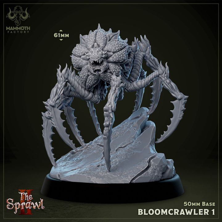 A Bloomcrawler miniature posed on a rock, with multiple insectoid legs and a plant-like head, ideal for dark fantasy encounters in TTRPGs.