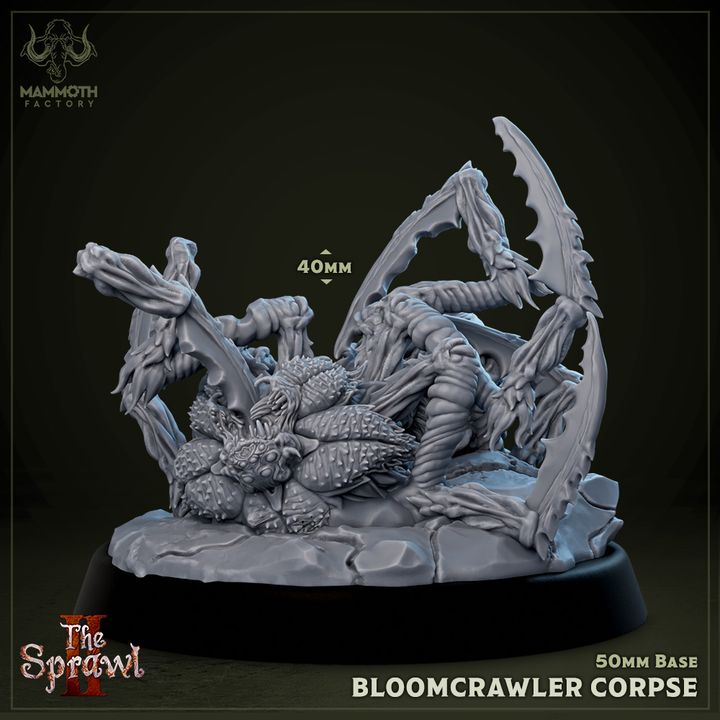 A Bloomcrawler corpse miniature, detailed with collapsed limbs, perfect for scene setting in TTRPGs.