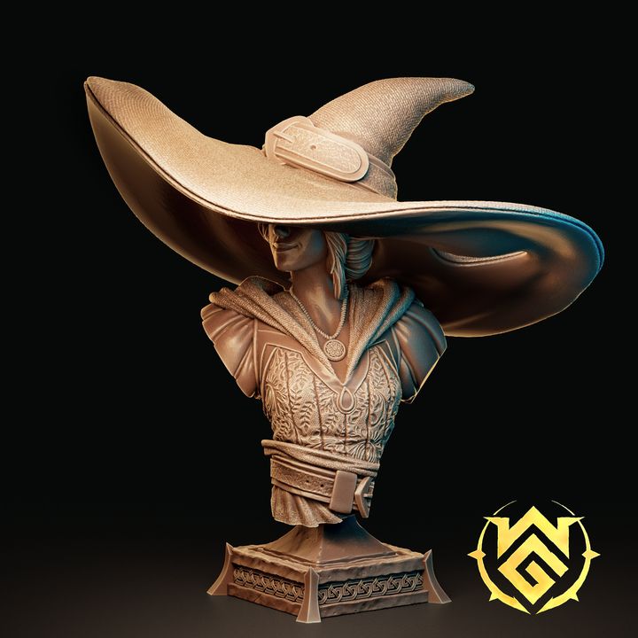 A bust of the female Brim Wizard showcasing her intricate robes, massive brimmed hat, and serene expression, ideal for display or painting.