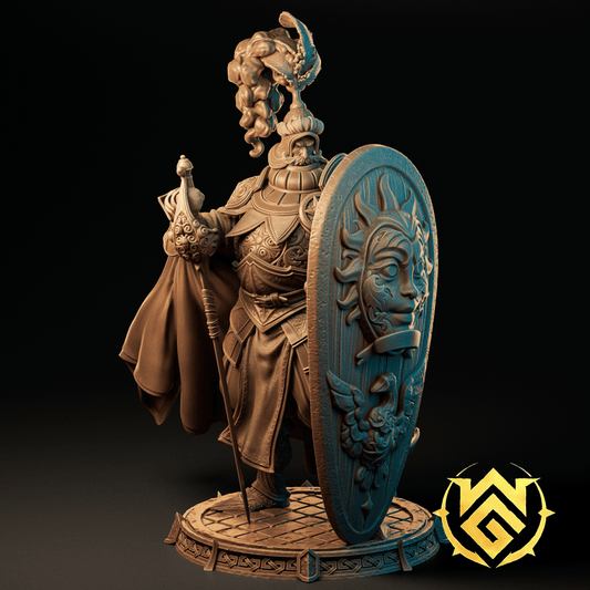 Bruti the Benediction full miniature showing a paladin holding a staff and large sun-engraved shield, clad in layered holy armor with flowing robes – fantasy paladin miniature for Dungeons & Dragons, Pathfinder, or Warhammer.