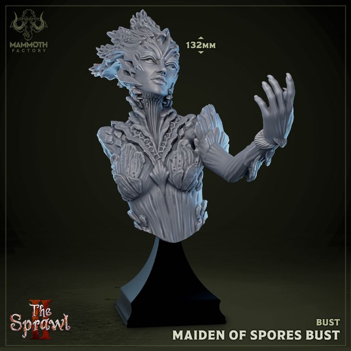 Maiden of Spores bust, depicting detailed facial features and chest with floral and fungal growths, with one arm raised.