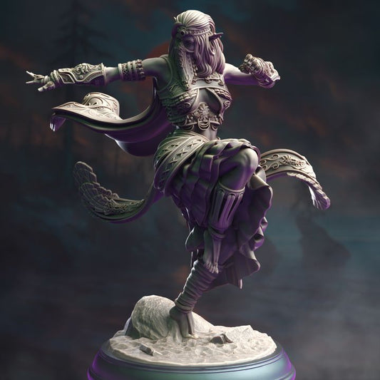 Elf Sun Soul Monk miniature - Cahira in mid-air pose, wearing detailed armor and a flowing cloak.