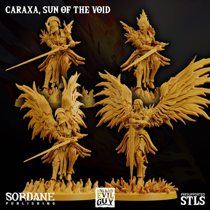 Multiple poses of Caraxa, Sun of the Void, including helmeted and unhelmeted versions, ideal for adding celestial might to fantasy TTRPGs.