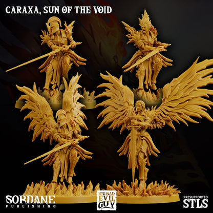 Multiple poses of Caraxa, Sun of the Void, including helmeted and unhelmeted versions, ideal for adding celestial might to fantasy TTRPGs.