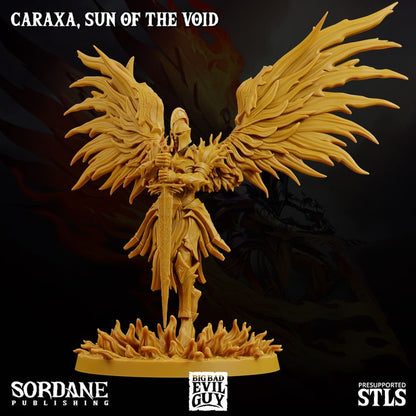 Caraxa with a helmet, wielding a sword, wings in flame-like form, for angelic-themed adventures in tabletop RPGs.