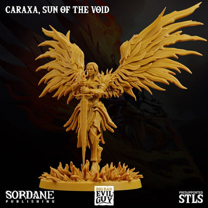 Caraxa, Sun of the Void, holding a sword with large wings, no helmet, suitable for epic celestial battles in TTRPGs.