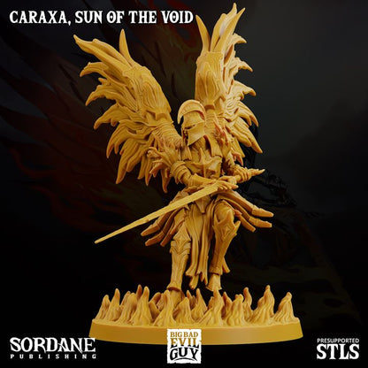 Caraxa with a helmet, offensive stance, holding a sword, ideal for celestial combat in Dungeons & Dragons or Pathfinder.