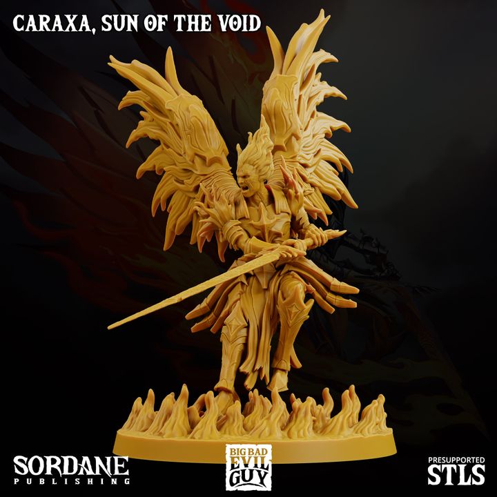 Caraxa, Sun of the Void, in a attacking pose, no helmet, wings extended, suitable for divine-themed tabletop RPG settings.