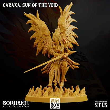 Caraxa, Sun of the Void, in a attacking pose, no helmet, wings extended, suitable for divine-themed tabletop RPG settings.