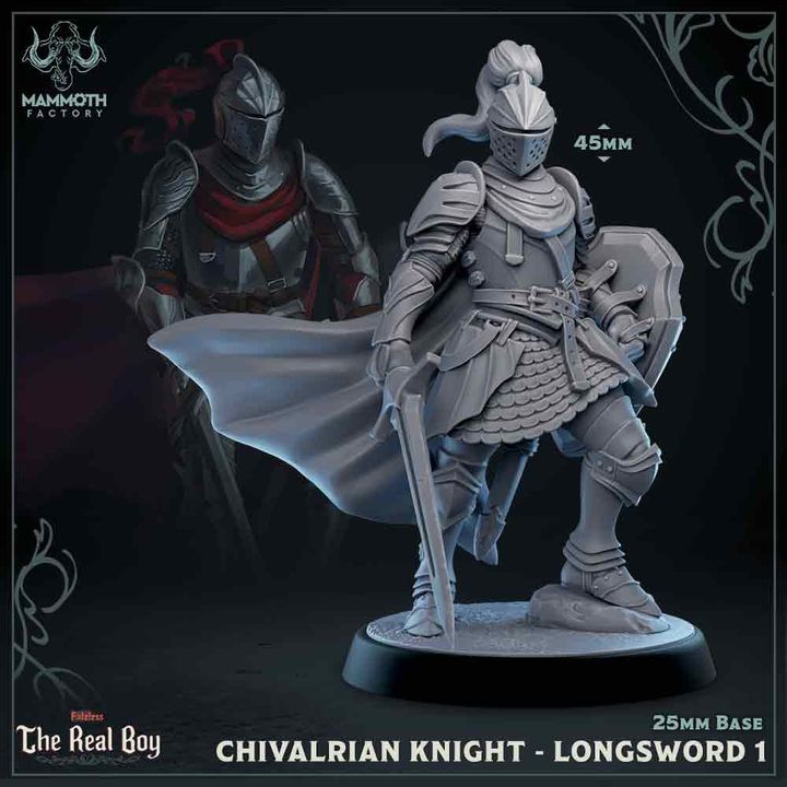 A Chivalrian Knight with a flowing cape, standing poised with a longsword and shield, exuding enchanted valor.