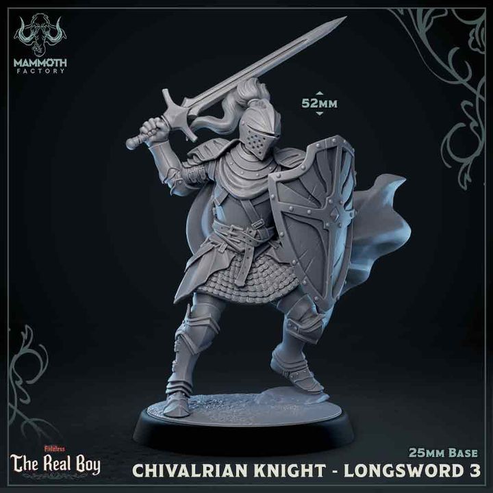 A Chivalrian Knight raising a longsword overhead, shield in the other hand, captured mid-strike with majestic armor.