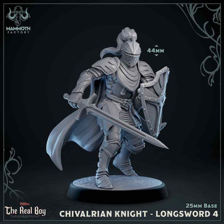 A Chivalrian Knight holding a longsword and shield, dressed in intricate full-plate armor, ready for combat.