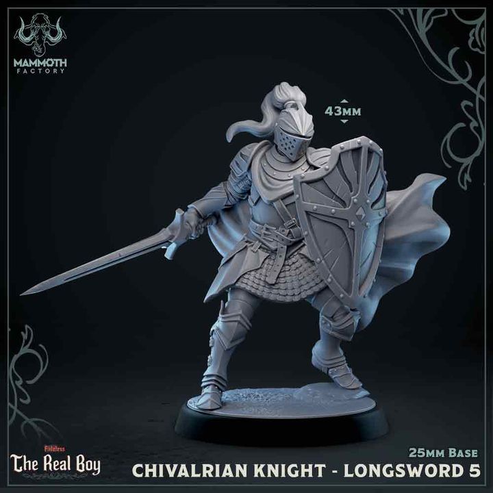 A Chivalrian Knight in a defensive stance, shield raised and longsword drawn, embodying knightly bravery.