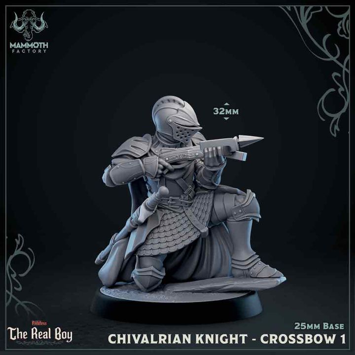 A kneeling Chivalrian Knight aiming a crossbow, showcasing precise detail on the armor and weaponry.