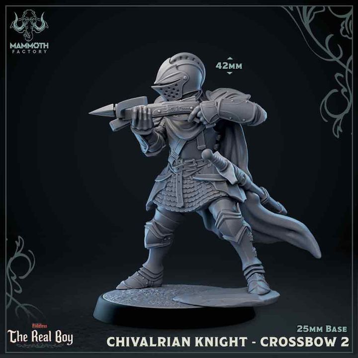 A Chivalrian Knight in mid-action, gripping a crossbow with a defensive stance, cape flowing behind.