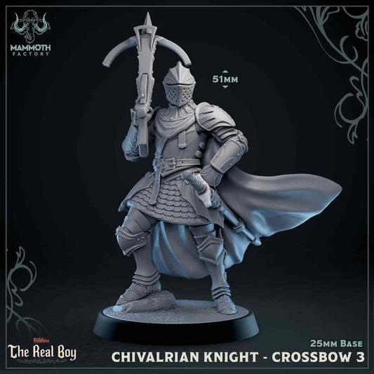 A Chivalrian Knight with a raised crossbow, ready to engage, clad in ornate armor and a polished helmet.