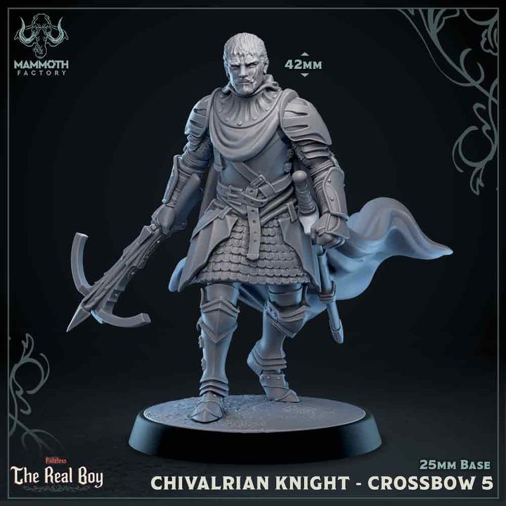 A Chivalrian Knight standing tall, armed with a crossbow in one hand, wearing a flowing cape and intricate plate armor.