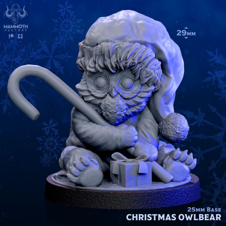 A festive Christmas Owlbear figurine, depicted sitting with a candy cane, wearing a Santa hat, and surrounded by a gift box, perfect for holiday-themed TTRPG adventures like Dungeons & Dragons or Pathfinder.