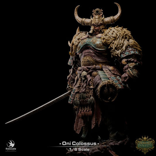 Oni Colossus 1:6 scale collector figure back view showing horned helmet layered samurai armor fur pauldrons and sword