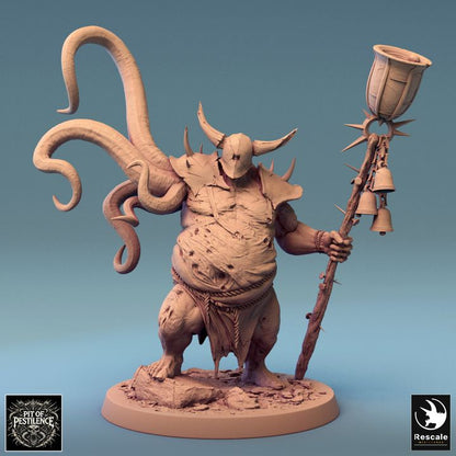  Demonic figure with a spiked staff, portraying a corrupted and twisted appearance, great for dark TTRPGs like Pathfinder or Warhammer.