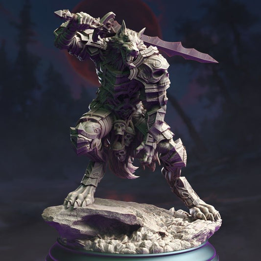 Werewolf Knight miniature - Corsicus in a battle-ready pose with detailed armor and large sword, standing on a rocky base.