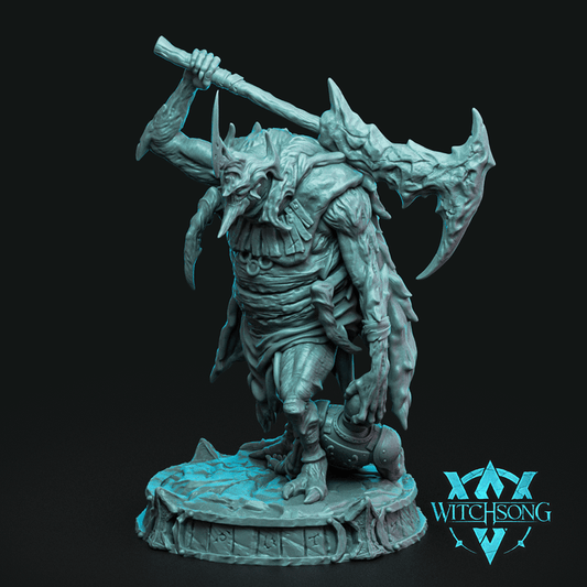 The Cryptid Executioner full miniature shown wielding a massive jagged axe, draped in layered robes and armor with clawed feet and horned helm – undead monster miniature for Dungeons & Dragons, Pathfinder, or Warhammer.