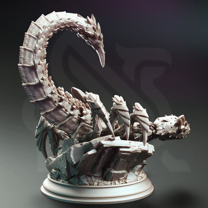 Rear view of Cazanor, the Crystalline Scorpion, showcasing its crystal-studded, segmented tail and armored back. The intricate detailing of the crystalline texture and rock base adds depth and realism to this fantasy miniature.