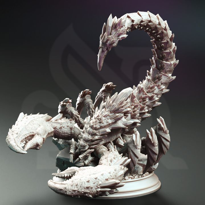 Cazanor, the Crystalline Scorpion, depicted in a striking pose with its large, jagged claws raised and its segmented, crystal-studded tail arched overhead. The miniature rests on a rocky base, emphasizing its menacing and imposing stance.