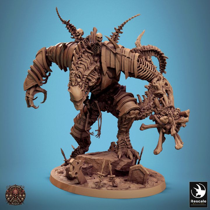 Cursed Colossus bone golem miniature posed on a graveyard base, surrounded by swords and grave markers.