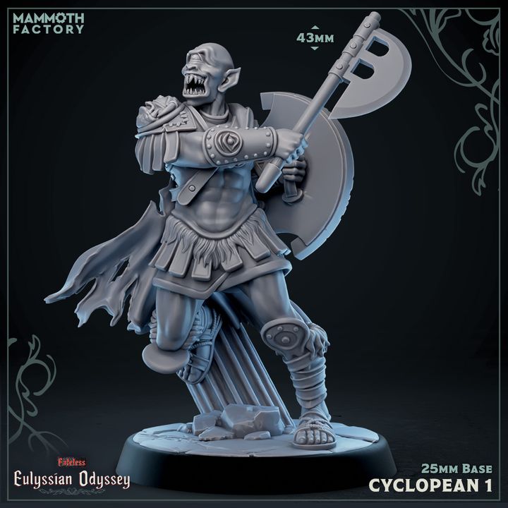 Cyclopean 5 roaring skyward with axe raised and shield at side, standing atop broken stone, 60mm tall