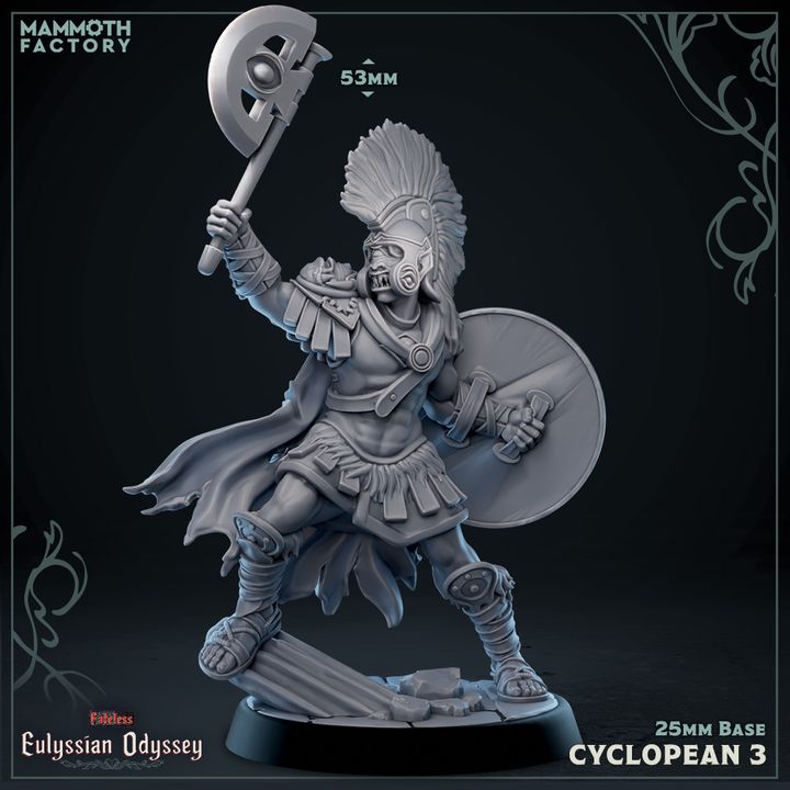 Cyclopean 3 raising axe and holding round shield in gladiator armor with plume helmet, 53mm tall