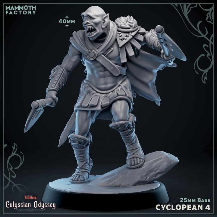 Cyclopean 2 standing firm with axe held across shield, bald head, fur cloak, and armored greaves, 40mm tall