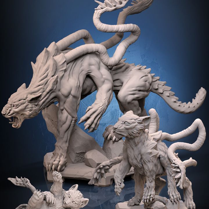 A group shot of three displacer beast miniatures, showing different poses: a standing, a playful, and a prowling stance. This combination provides a comprehensive look at this iconic mystical creature from different angles and personalities.