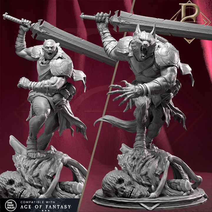 Full-body view of Mat'Ador, depicted wielding a massive two-handed sword and standing on top of a decaying skeletal figure. He is in both human and werewolf forms, wearing armor plates and showcasing his dual nature as a lycanthrope in a fantasy RPG setting.