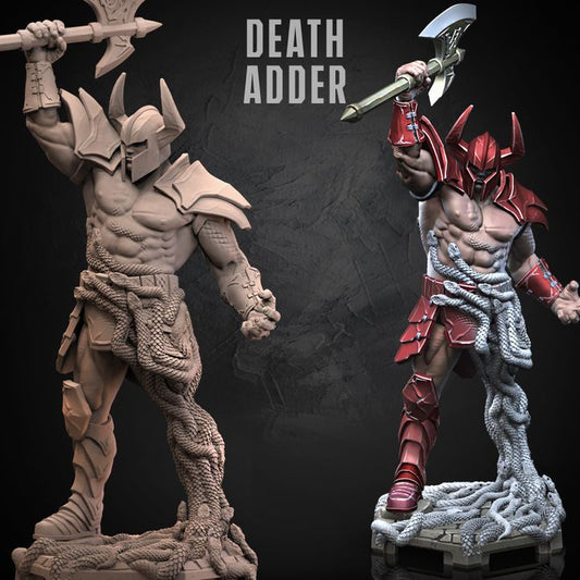 Side-by-side comparison of painted and raw versions of Death Adder, capturing his red armor and classic villain energy from Golden Axe.