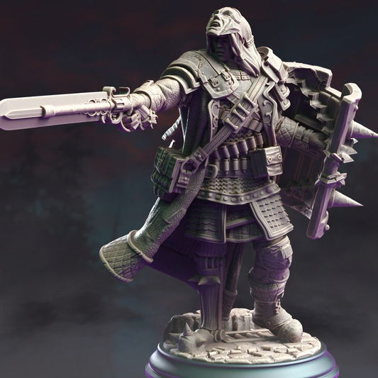 Veteran Vampire Hunter miniature - Dane in heavy armor, holding a large sword and spiked shield, ready for battle.