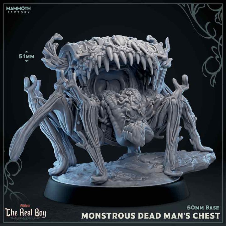 featuring a treasure chest transformed into a mimic with jagged teeth, multiple eyes, and spindly legs, perfect for dark fantasy TTRPGs like Dungeons & Dragons or Pathfinder.